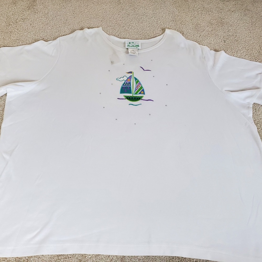 Quacker Factory T-Shirt Womens 3X White Sailboat Embroidered Embellished Tee